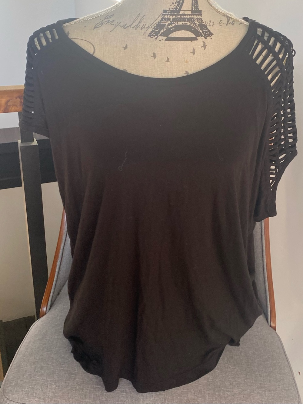 AllSaints Black Short Sleeve Tee with Ladder Cutout Shoulders